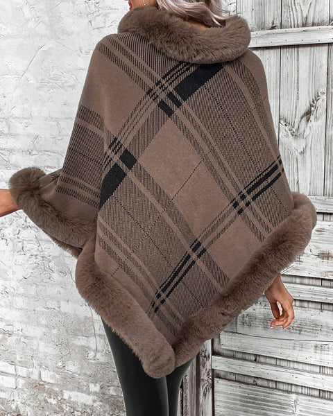 Plaid Faux Fur Trim Poncho - Opulent EmpirePlaid Faux Fur Trim PonchoOpulent EmpireClothing