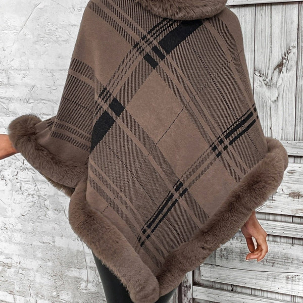 Plaid Faux Fur Trim Poncho - Opulent EmpirePlaid Faux Fur Trim PonchoOpulent EmpireClothing