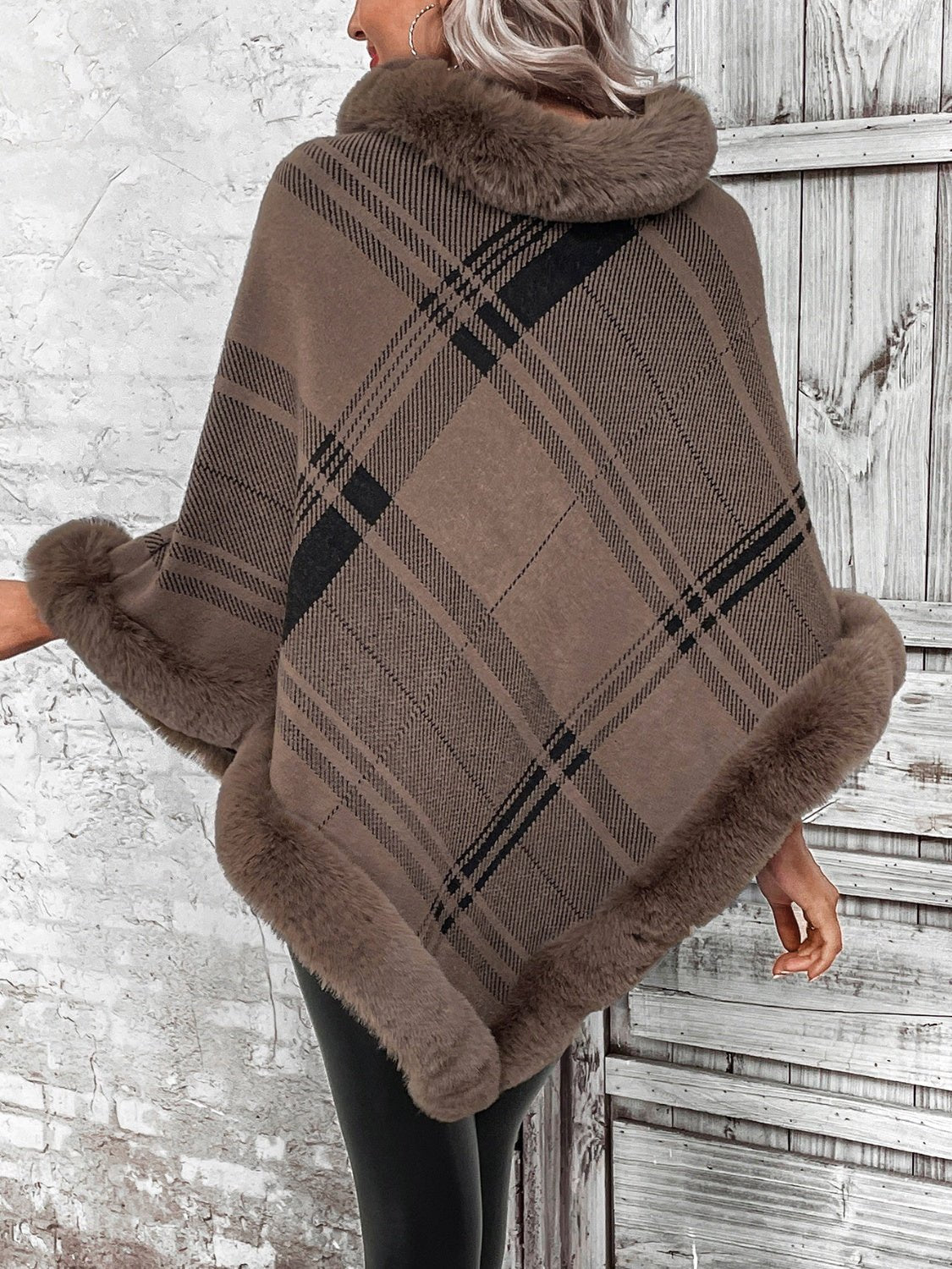 Plaid Faux Fur Trim Poncho - Opulent EmpirePlaid Faux Fur Trim PonchoOpulent EmpireClothing