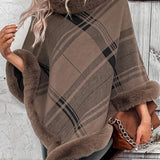 Plaid Faux Fur Trim Poncho - Opulent EmpirePlaid Faux Fur Trim PonchoOpulent EmpireClothing