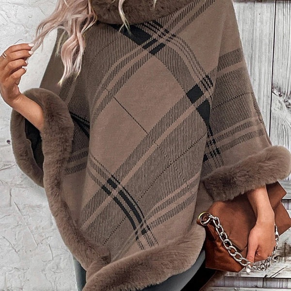 Plaid Faux Fur Trim Poncho - Opulent EmpirePlaid Faux Fur Trim PonchoOpulent EmpireClothing