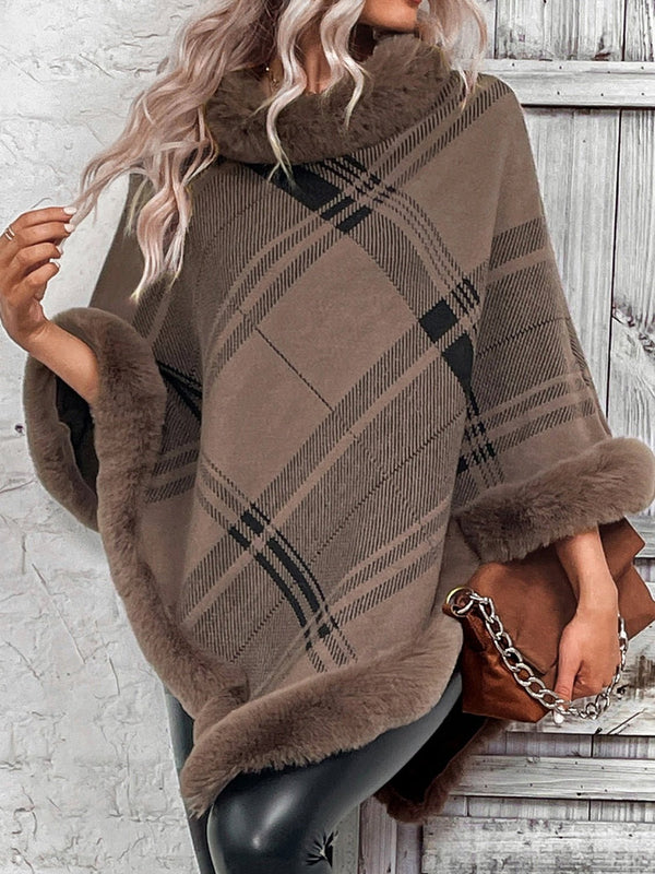 Plaid Faux Fur Trim Poncho - Opulent EmpirePlaid Faux Fur Trim PonchoOpulent EmpireClothing