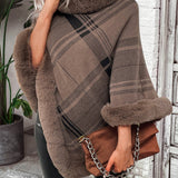 Plaid Faux Fur Trim Poncho - Opulent EmpirePlaid Faux Fur Trim PonchoOpulent EmpireClothing