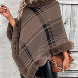 Plaid Faux Fur Trim Poncho - Opulent EmpirePlaid Faux Fur Trim PonchoOpulent EmpireClothing