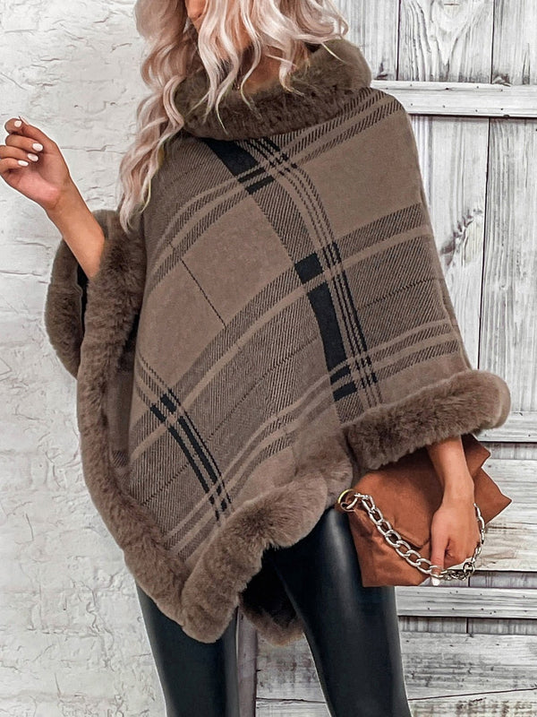 Plaid Faux Fur Trim Poncho - Opulent EmpirePlaid Faux Fur Trim PonchoOpulent EmpireClothing