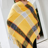 Plaid Fringe Detail Poncho - Opulent EmpirePlaid Fringe Detail PonchoOpulent EmpireClothing