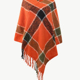 Plaid Fringe Detail Poncho - Opulent EmpirePlaid Fringe Detail PonchoOpulent EmpireClothing