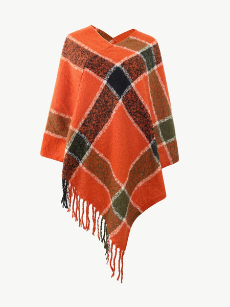 Plaid Fringe Detail Poncho - Opulent EmpirePlaid Fringe Detail PonchoOpulent EmpireClothing