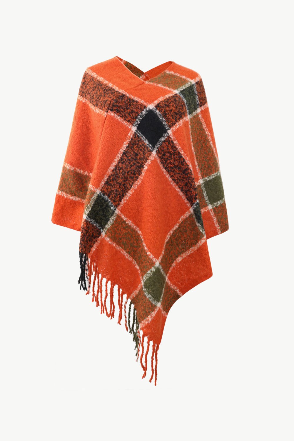 Plaid Fringe Detail Poncho - Opulent EmpirePlaid Fringe Detail PonchoOpulent EmpireClothing