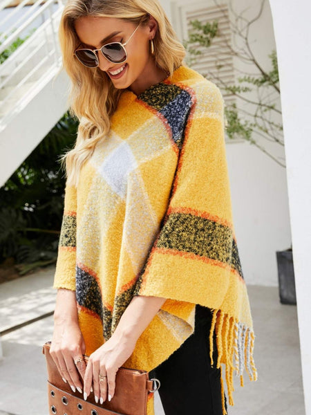 Plaid Fringe Detail Poncho - Opulent EmpirePlaid Fringe Detail PonchoOpulent EmpireClothing