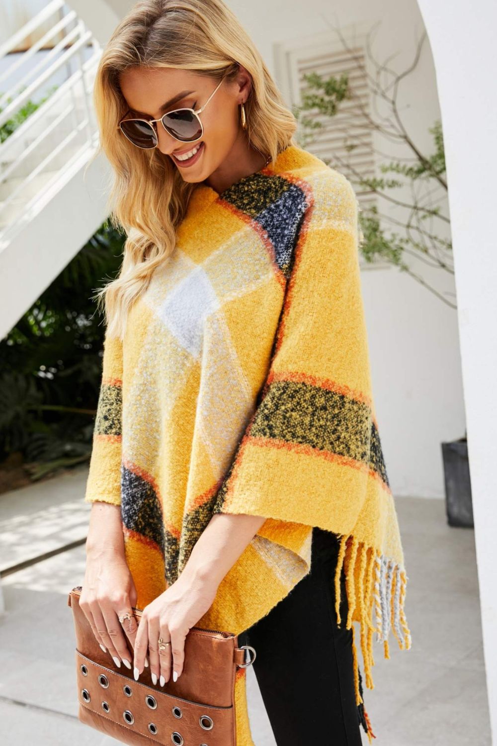 Plaid Fringe Detail Poncho - Opulent EmpirePlaid Fringe Detail PonchoOpulent EmpireClothing