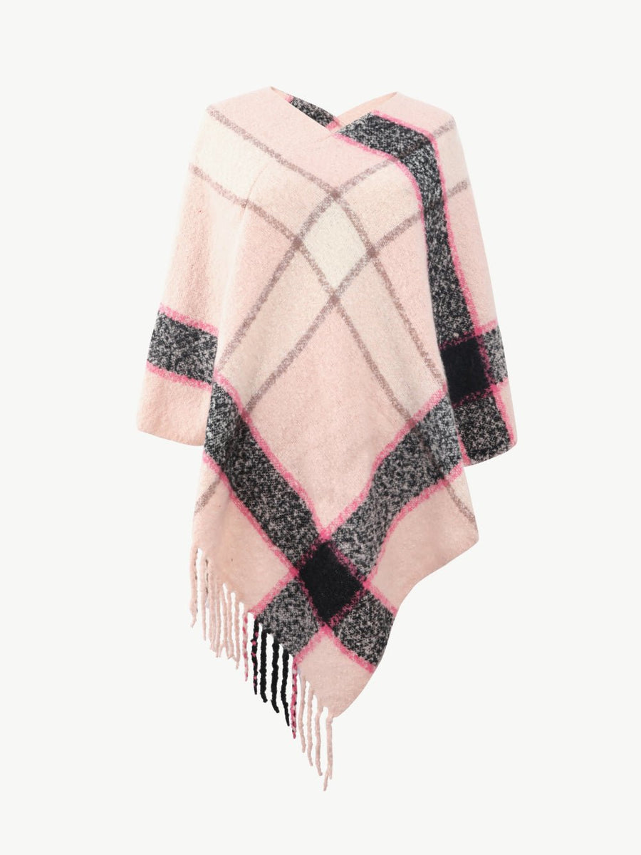 Plaid Fringe Detail Poncho - Opulent EmpirePlaid Fringe Detail PonchoOpulent EmpireClothing