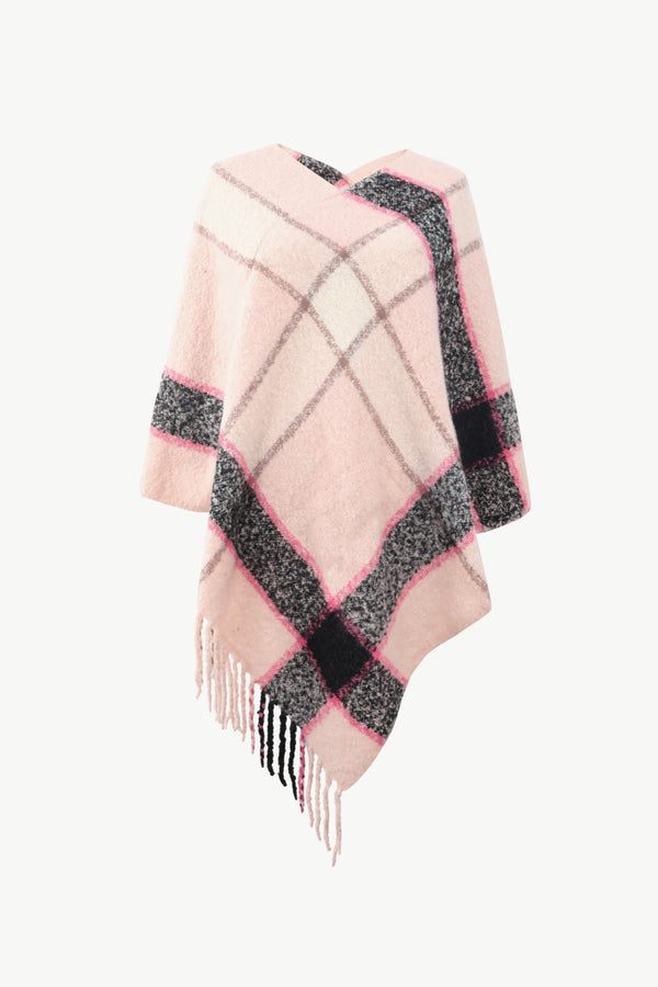 Plaid Fringe Detail Poncho - Opulent EmpirePlaid Fringe Detail PonchoOpulent EmpireClothing