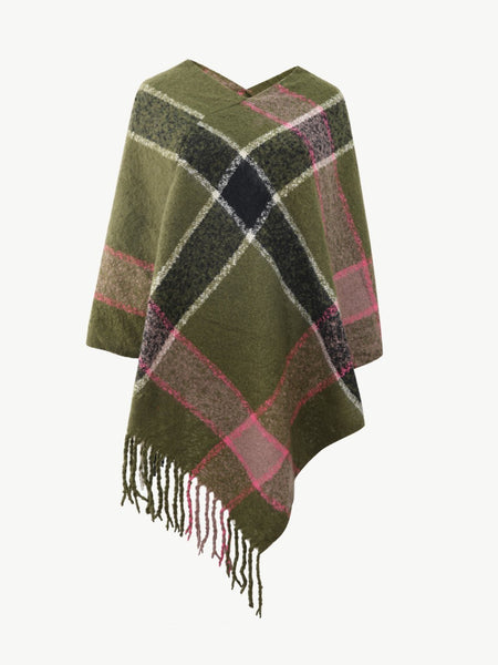 Plaid Fringe Detail Poncho - Opulent EmpirePlaid Fringe Detail PonchoOpulent EmpireClothing