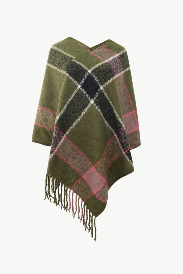 Plaid Fringe Detail Poncho - Opulent EmpirePlaid Fringe Detail PonchoOpulent EmpireClothing