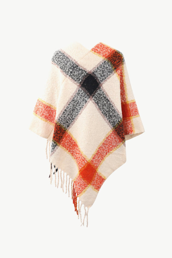 Plaid Fringe Detail Poncho - Opulent EmpirePlaid Fringe Detail PonchoOpulent EmpireClothing