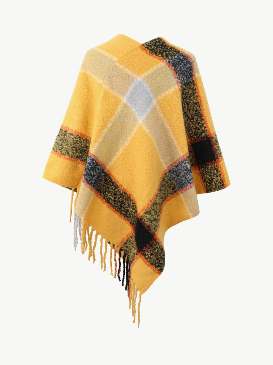 Plaid Fringe Detail Poncho - Opulent EmpirePlaid Fringe Detail PonchoOpulent EmpireClothing