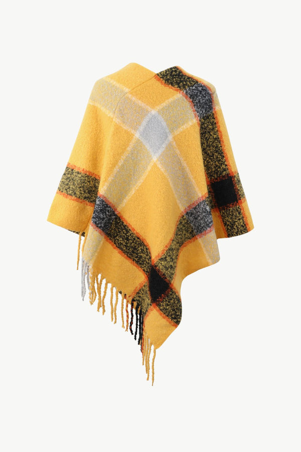 Plaid Fringe Detail Poncho - Opulent EmpirePlaid Fringe Detail PonchoOpulent EmpireClothing