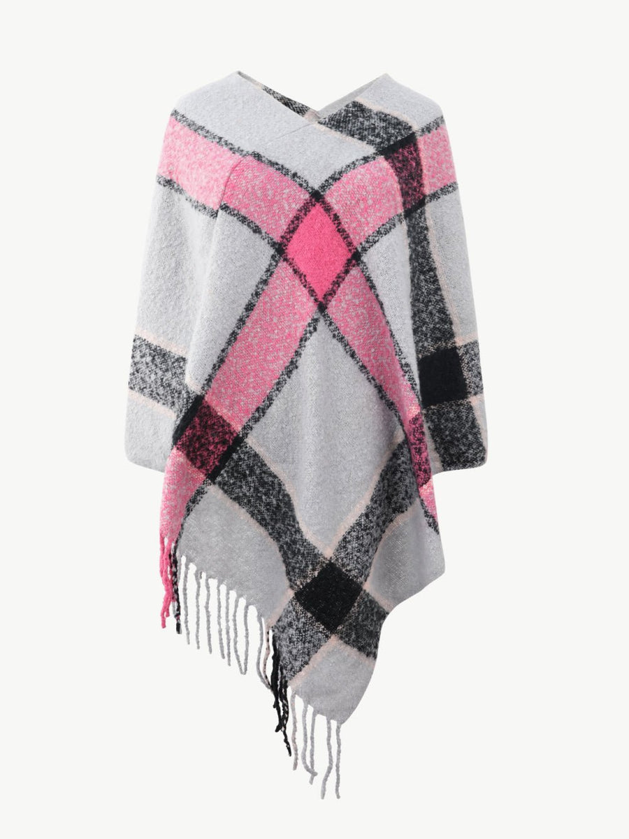 Plaid Fringe Detail Poncho - Opulent EmpirePlaid Fringe Detail PonchoOpulent EmpireClothing