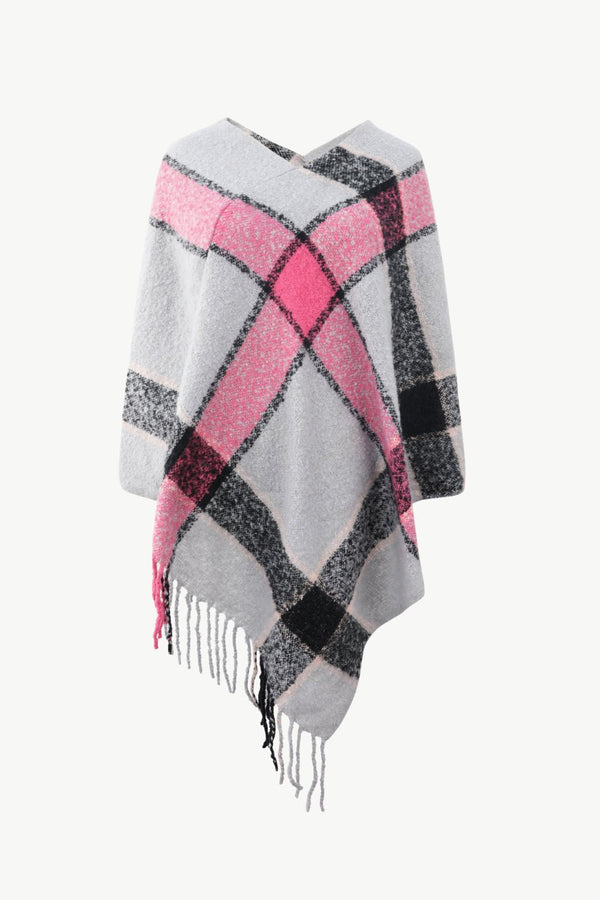 Plaid Fringe Detail Poncho - Opulent EmpirePlaid Fringe Detail PonchoOpulent EmpireClothing