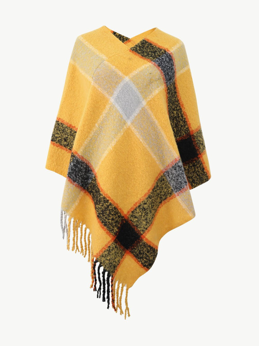 Plaid Fringe Detail Poncho - Opulent EmpirePlaid Fringe Detail PonchoOpulent EmpireClothing