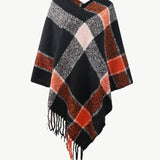 Plaid Fringe Detail Poncho - Opulent EmpirePlaid Fringe Detail PonchoOpulent EmpireClothing