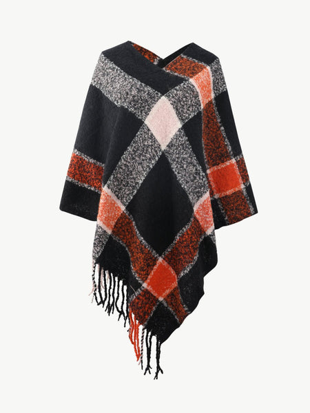 Plaid Fringe Detail Poncho - Opulent EmpirePlaid Fringe Detail PonchoOpulent EmpireClothing