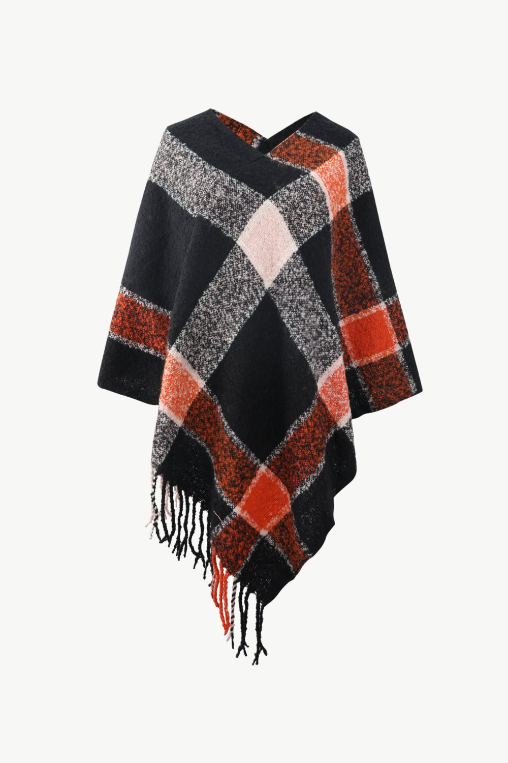 Plaid Fringe Detail Poncho - Opulent EmpirePlaid Fringe Detail PonchoOpulent EmpireClothing