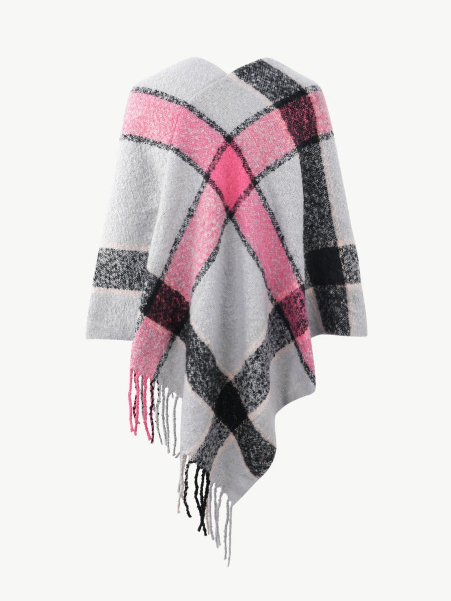 Plaid Fringe Detail Poncho - Opulent EmpirePlaid Fringe Detail PonchoOpulent EmpireClothing