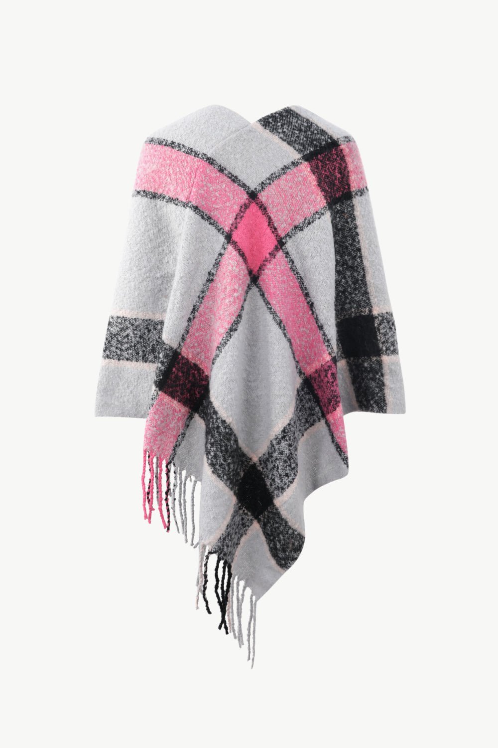 Plaid Fringe Detail Poncho - Opulent EmpirePlaid Fringe Detail PonchoOpulent EmpireClothing