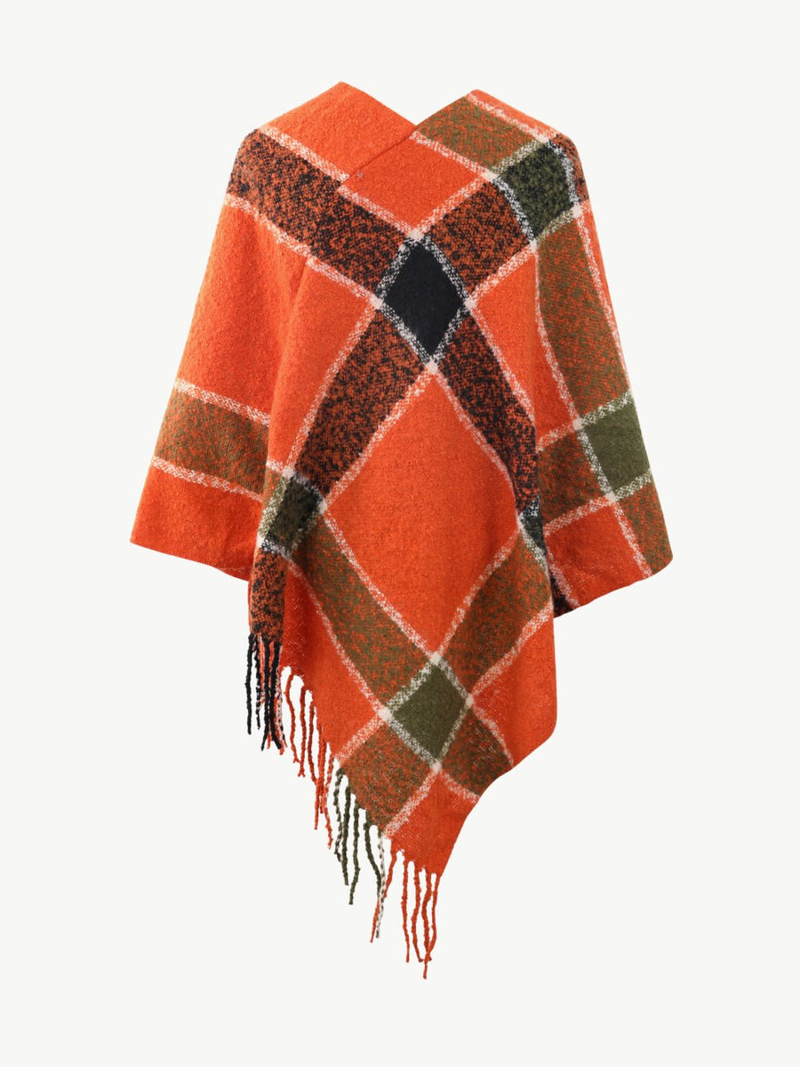 Plaid Fringe Detail Poncho - Opulent EmpirePlaid Fringe Detail PonchoOpulent EmpireClothing