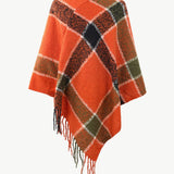 Plaid Fringe Detail Poncho - Opulent EmpirePlaid Fringe Detail PonchoOpulent EmpireClothing