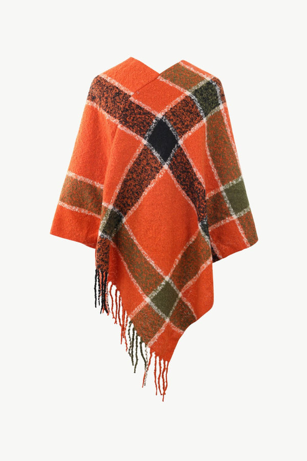 Plaid Fringe Detail Poncho - Opulent EmpirePlaid Fringe Detail PonchoOpulent EmpireClothing