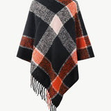 Plaid Fringe Detail Poncho - Opulent EmpirePlaid Fringe Detail PonchoOpulent EmpireClothing