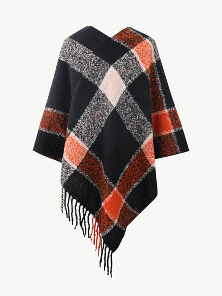 Plaid Fringe Detail Poncho - Opulent EmpirePlaid Fringe Detail PonchoOpulent EmpireClothing