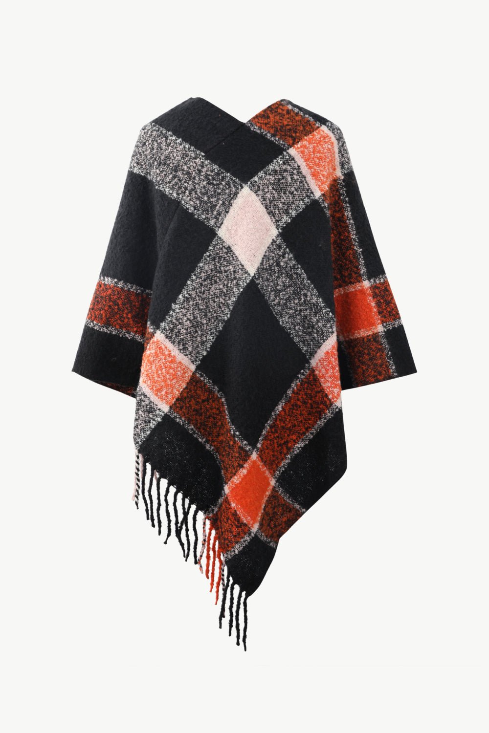 Plaid Fringe Detail Poncho - Opulent EmpirePlaid Fringe Detail PonchoOpulent EmpireClothing