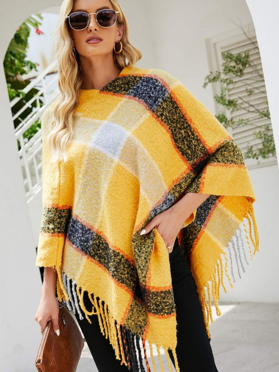 Plaid Fringe Detail Poncho - Opulent EmpirePlaid Fringe Detail PonchoOpulent EmpireClothing