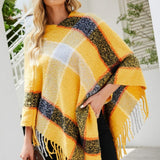 Plaid Fringe Detail Poncho - Opulent EmpirePlaid Fringe Detail PonchoOpulent EmpireClothing