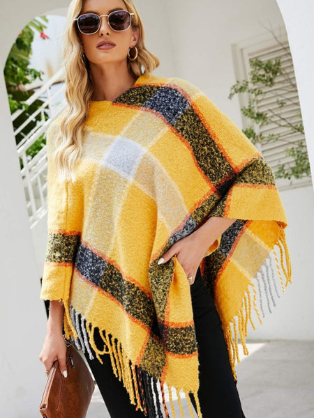 Plaid Fringe Detail Poncho - Opulent EmpirePlaid Fringe Detail PonchoOpulent EmpireClothing