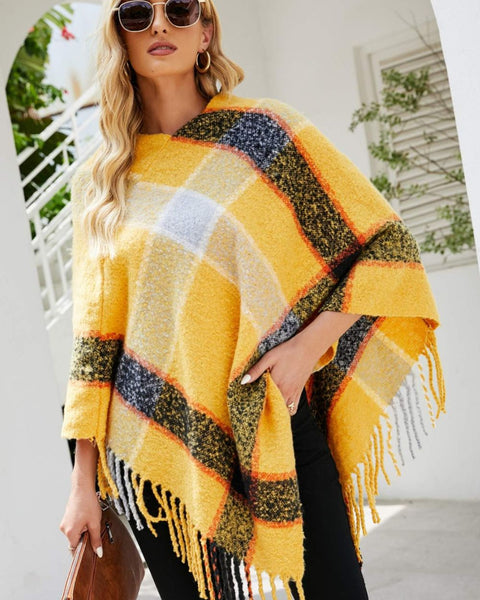 Plaid Fringe Detail Poncho - Opulent EmpirePlaid Fringe Detail PonchoOpulent EmpireClothing