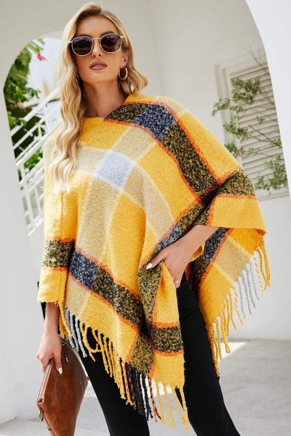 Plaid Fringe Detail Poncho - Opulent EmpirePlaid Fringe Detail PonchoOpulent EmpireClothing