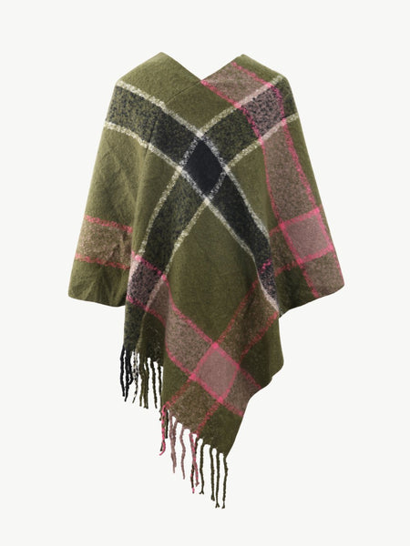 Plaid Fringe Detail Poncho - Opulent EmpirePlaid Fringe Detail PonchoOpulent EmpireClothing