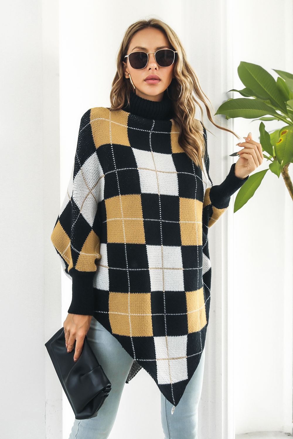 Plaid Turtleneck Dolman Sleeve Poncho - Opulent EmpirePlaid Turtleneck Dolman Sleeve PonchoOpulent EmpireClothing