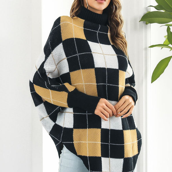 Plaid Turtleneck Dolman Sleeve Poncho - Opulent EmpirePlaid Turtleneck Dolman Sleeve PonchoOpulent EmpireClothing