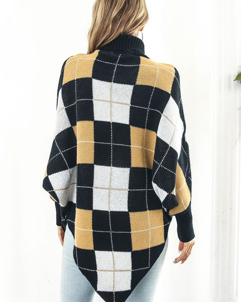 Plaid Turtleneck Dolman Sleeve Poncho - Opulent EmpirePlaid Turtleneck Dolman Sleeve PonchoOpulent EmpireClothing