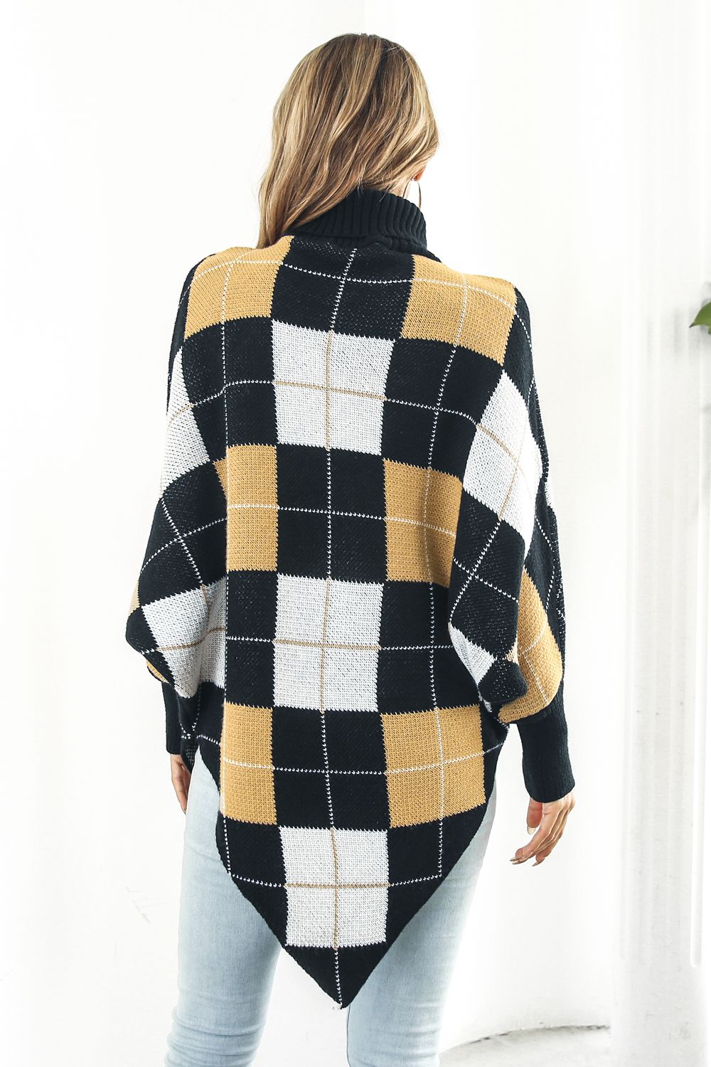 Plaid Turtleneck Dolman Sleeve Poncho - Opulent EmpirePlaid Turtleneck Dolman Sleeve PonchoOpulent EmpireClothing