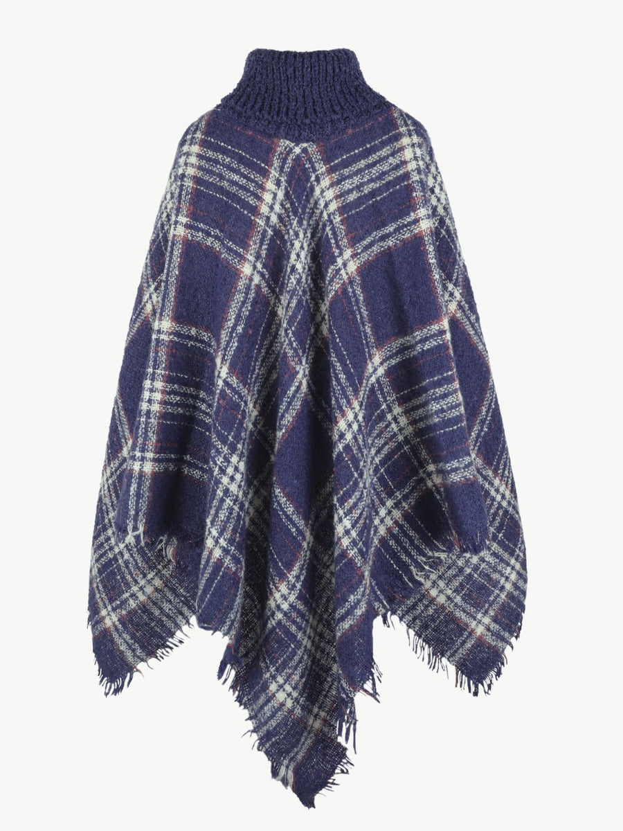 Plaid Turtleneck Fringe Hem Poncho - Opulent EmpirePlaid Turtleneck Fringe Hem PonchoOpulent EmpireClothing