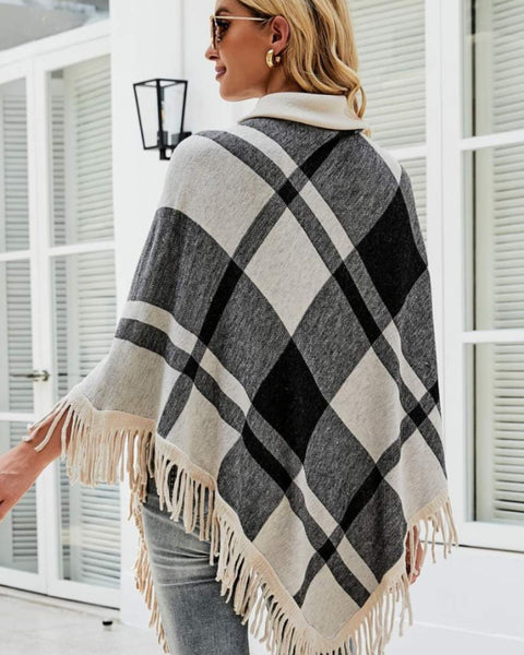 Plaid Turtleneck Fringe Hem Poncho - Opulent EmpirePlaid Turtleneck Fringe Hem PonchoOpulent EmpireClothing