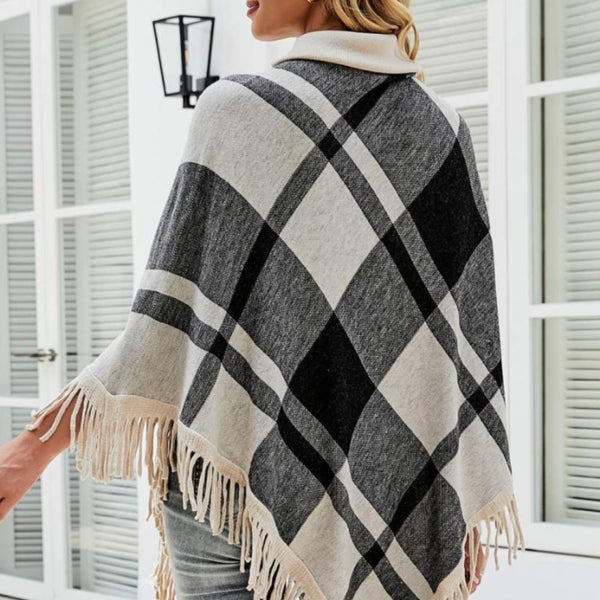 Plaid Turtleneck Fringe Hem Poncho - Opulent EmpirePlaid Turtleneck Fringe Hem PonchoOpulent EmpireClothing