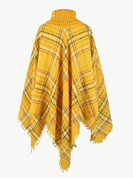 Plaid Turtleneck Fringe Hem Poncho - Opulent EmpirePlaid Turtleneck Fringe Hem PonchoOpulent EmpireClothing